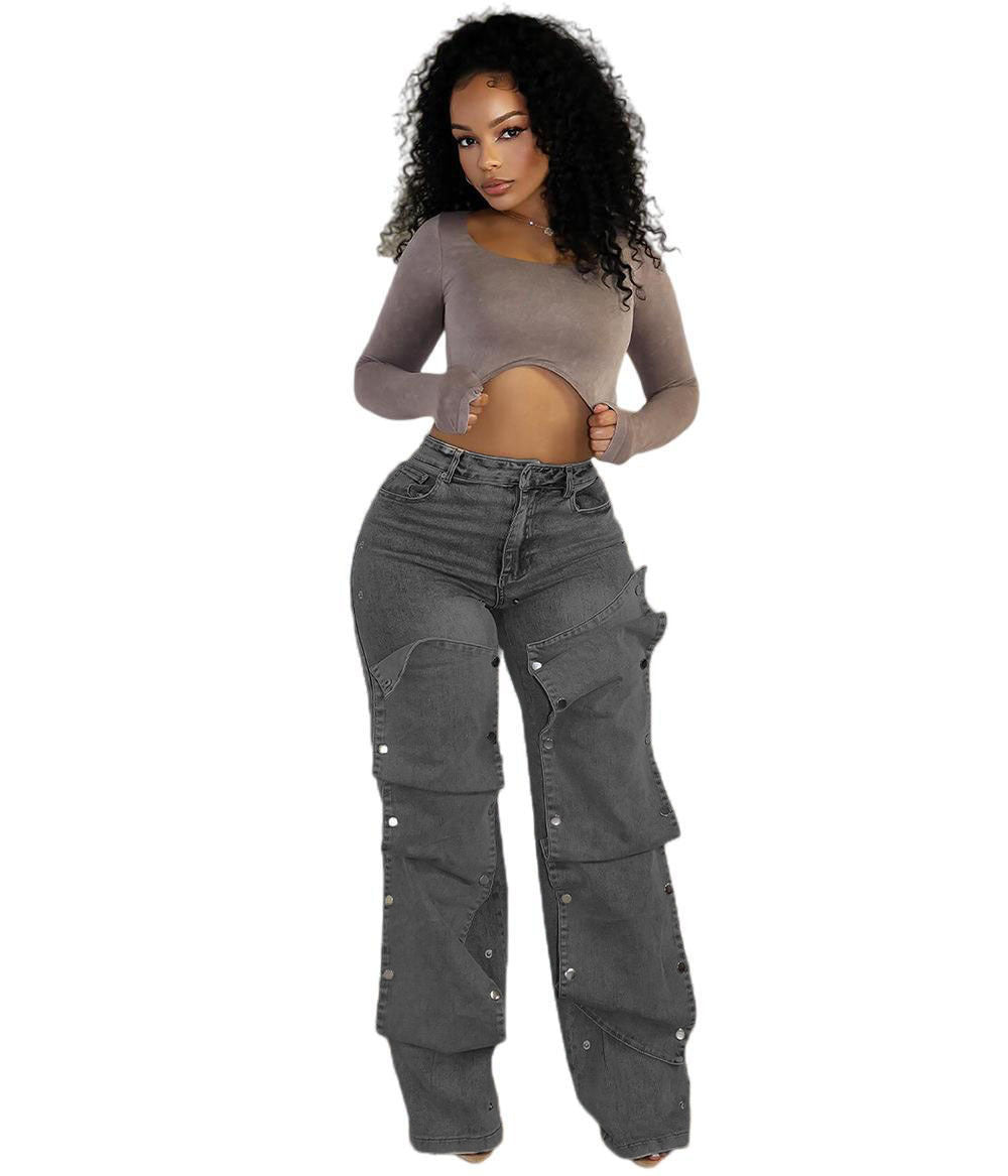 High-waisted straight-leg jeans from Plush Fashion Hub with detachable button detail, shown on a model against a white background.
