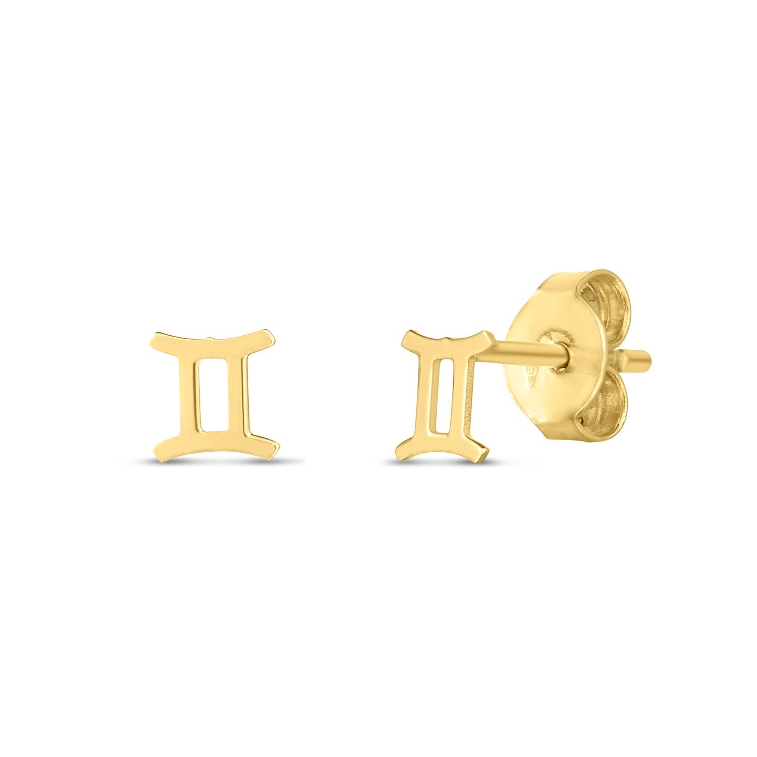 14K yellow gold Gemini stud earrings with zodiac symbol design, featuring a polished finish and secure post backs.