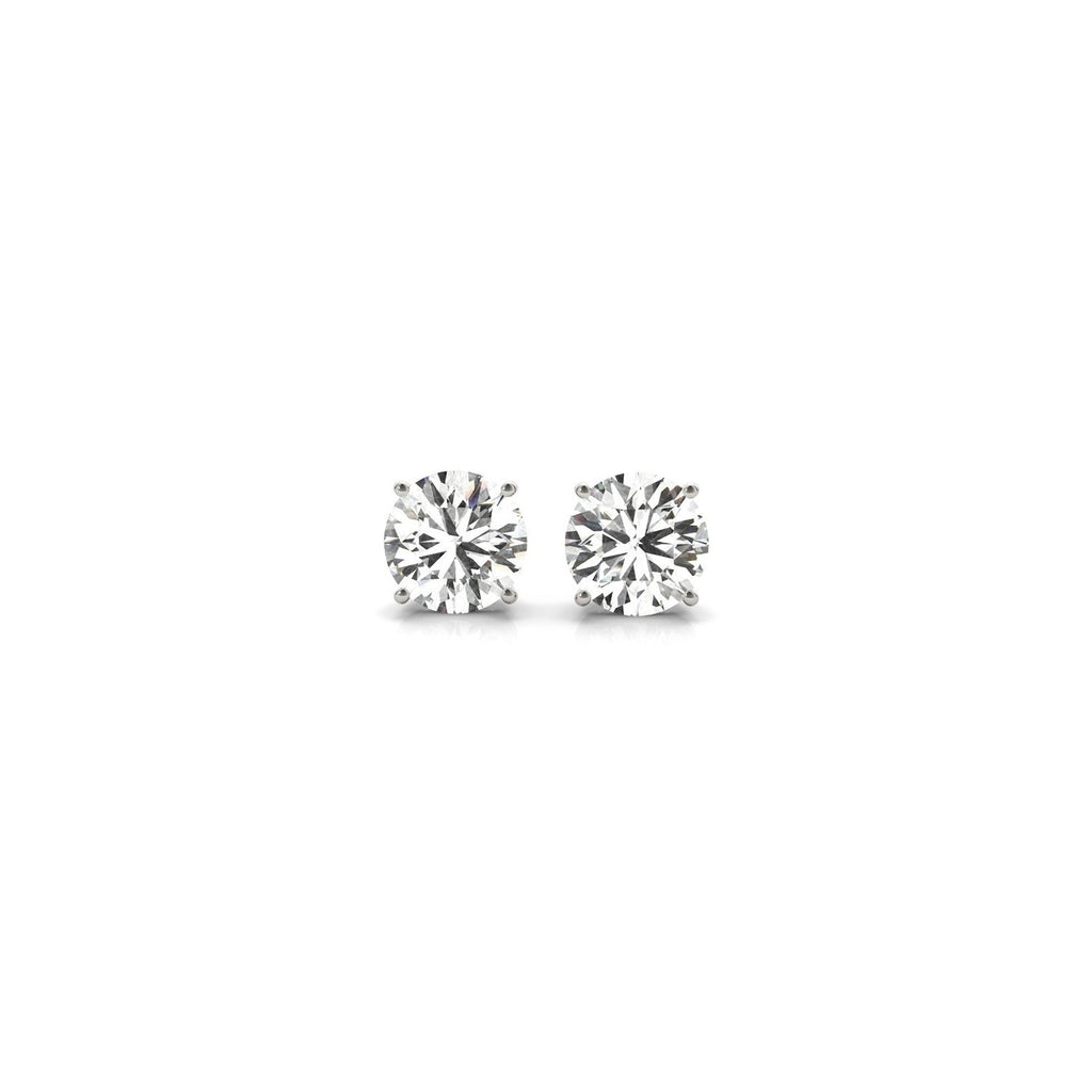 Certified IGI lab-grown 1 cttw round diamond stud earrings in 14k white gold with G/VS2 clarity.