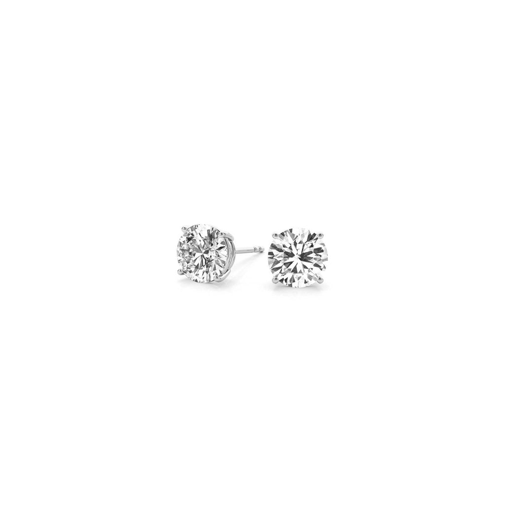 Round diamond stud earrings with 1 carat total weight in 14k white gold, featuring G/VS2 certified IGI lab-grown diamonds.