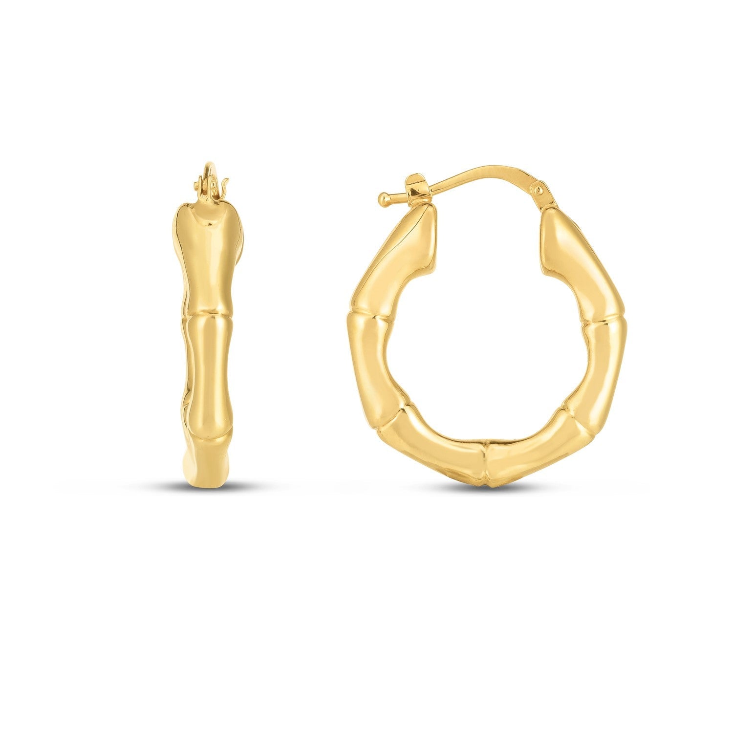 Medium 14k yellow gold bamboo hoop earrings with a smooth, polished finish, perfect for everyday wear.