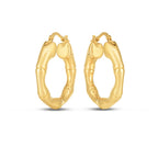 14k yellow gold medium bamboo hoop earrings, stylish and lightweight jewelry, shown on a neutral background