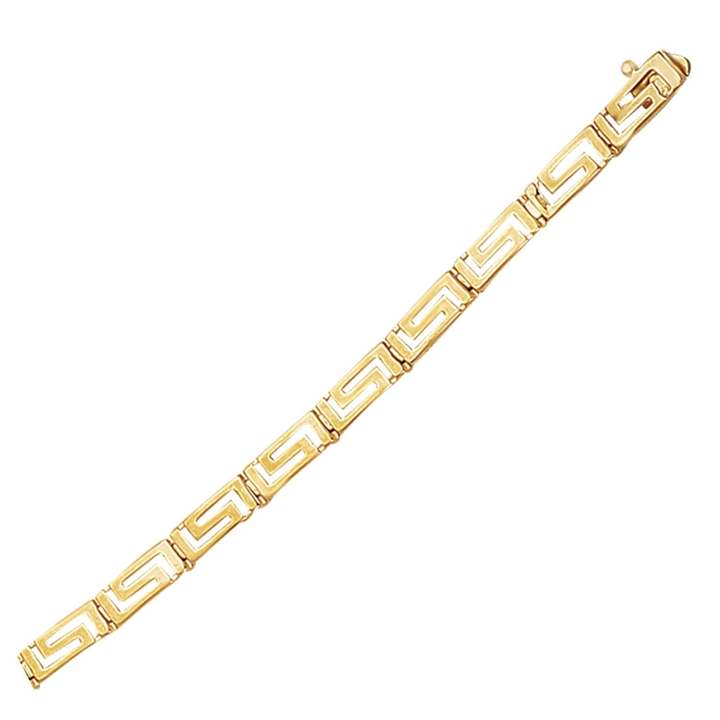 14k yellow gold Greek fret design fancy bracelet with intricate pattern and polished finish, showcasing elegant jewelry craftsmanship.