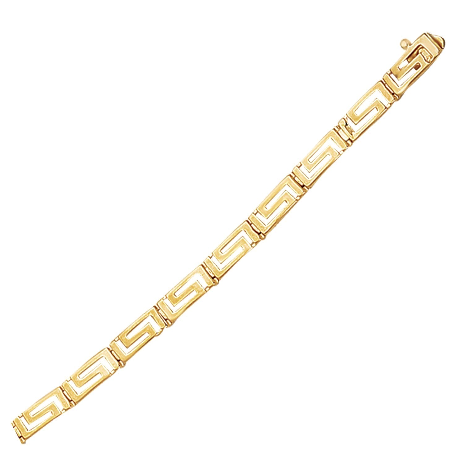 14k yellow gold Greek fret design fancy bracelet with intricate pattern and polished finish, showcasing elegant jewelry craftsmanship.