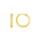 14k yellow gold petite textured round hoop earrings, stylish and lightweight jewelry, shown in close-up with a polished finish.