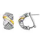 Sterling silver and 18k yellow gold popcorn texture earrings with X motif, stylish and modern jewelry accessory.