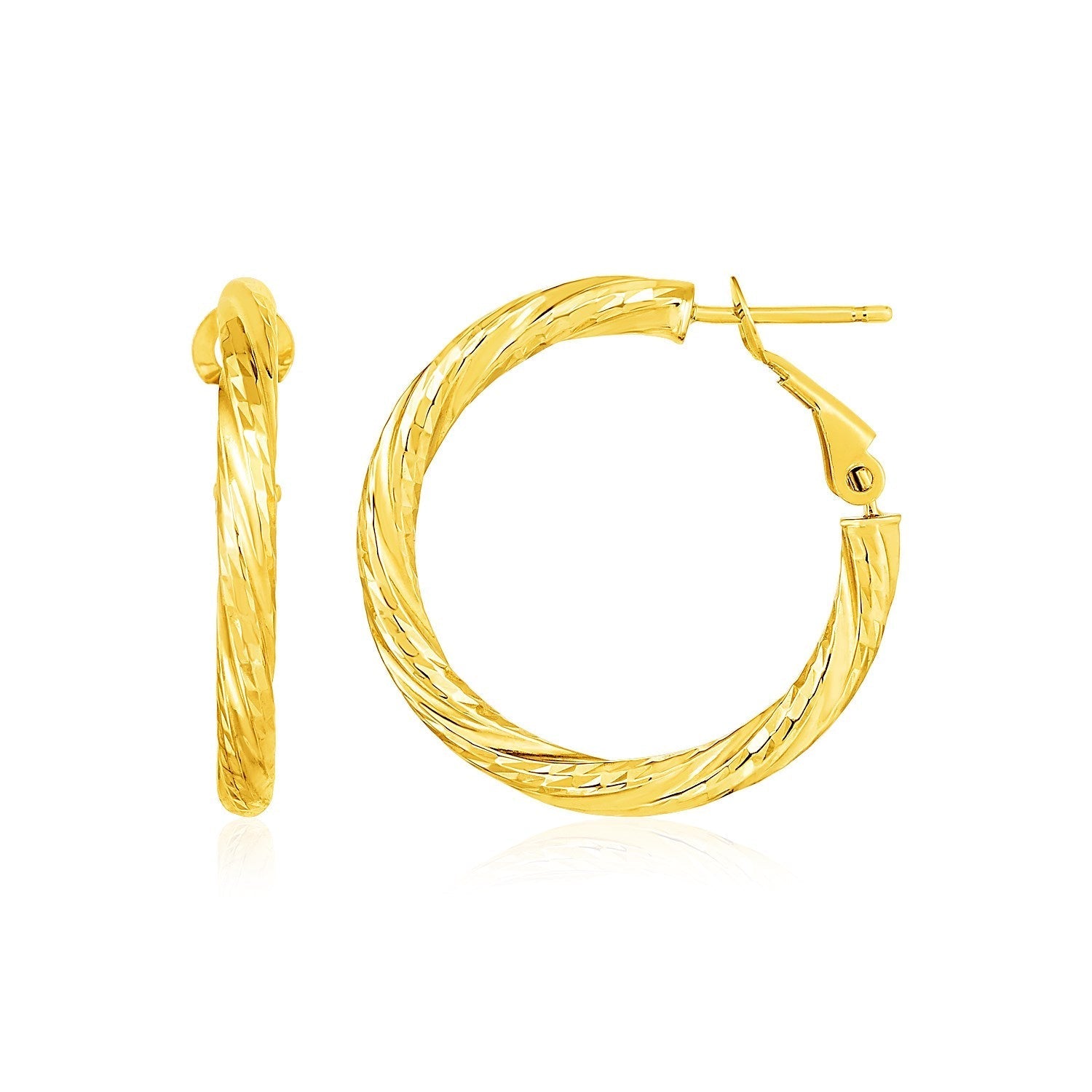 14k yellow gold petite twisted round hoop earrings, delicate jewelry accessory with a polished finish.