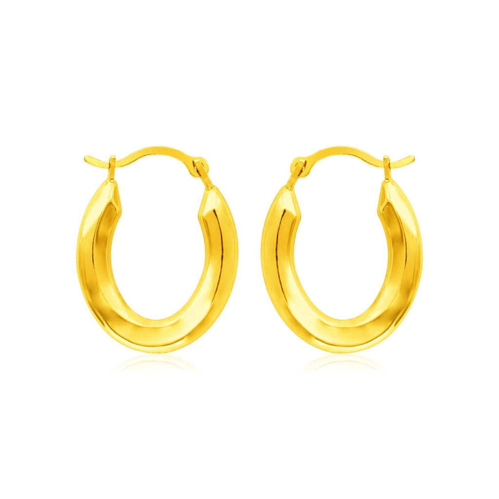 Polished 14k yellow gold oval hoop earrings, stylish jewelry for women, featuring smooth, shiny finish and classic hoop design.