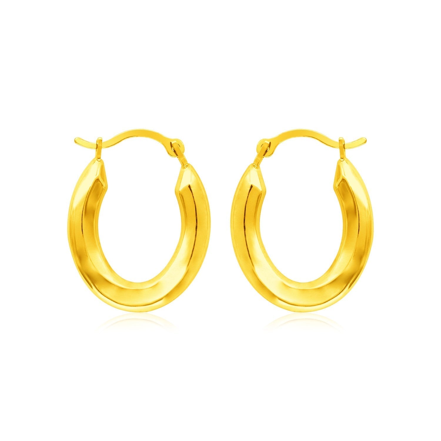 Polished 14k yellow gold oval hoop earrings, stylish jewelry for women, featuring smooth, shiny finish and classic hoop design.
