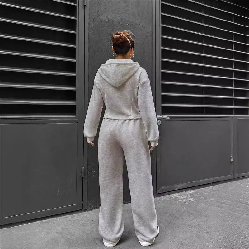Relaxed hooded zip-up top and wide-leg trousers from Plush Fashion Hub two-piece set, casual loungewear with comfortable fit.