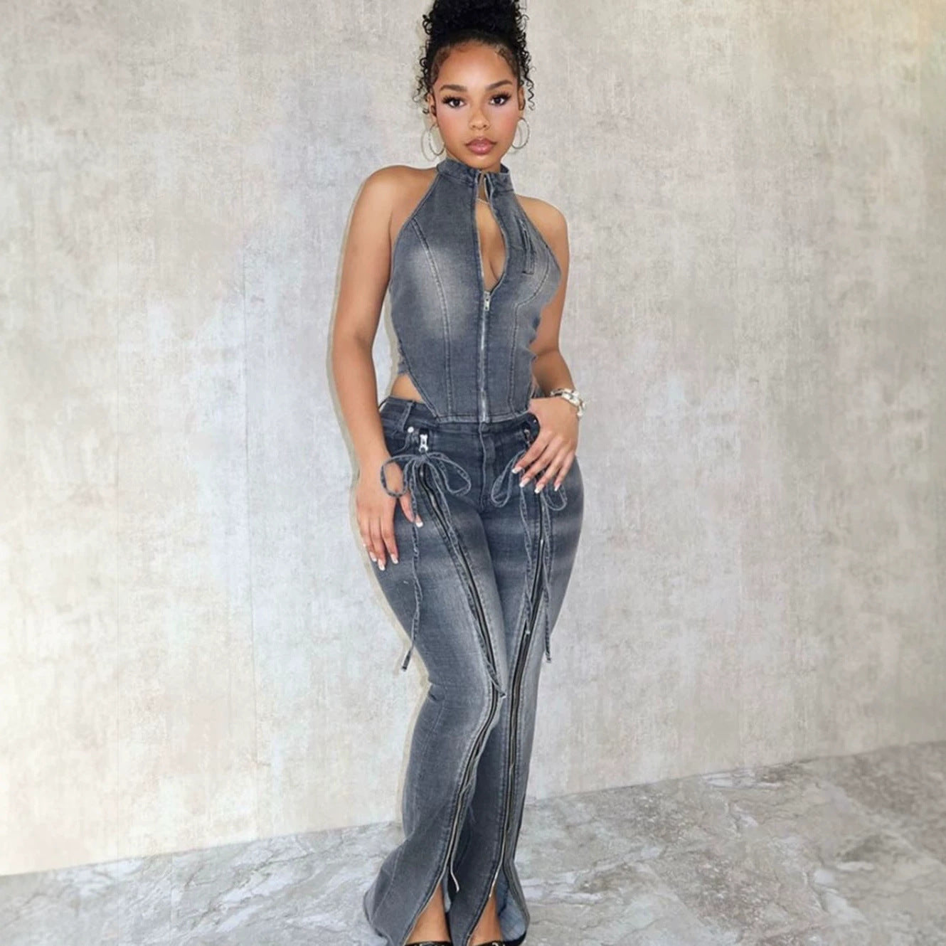 Street Style Washed Denim High-Waisted Long Pants for Women with Zipper Closure