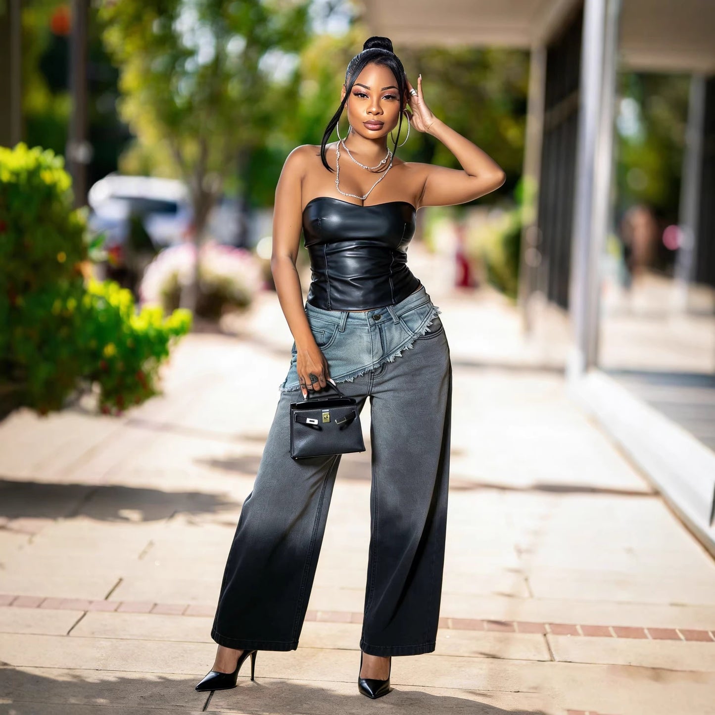 Eprolo street style gradient patchwork frayed jeans with distressed details and casual fit, shown on a model.
