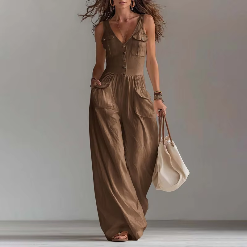 V-neck button-front vest jumpsuit from Plush Fashion Hub featuring a stylish, fitted design and sleeveless cut.