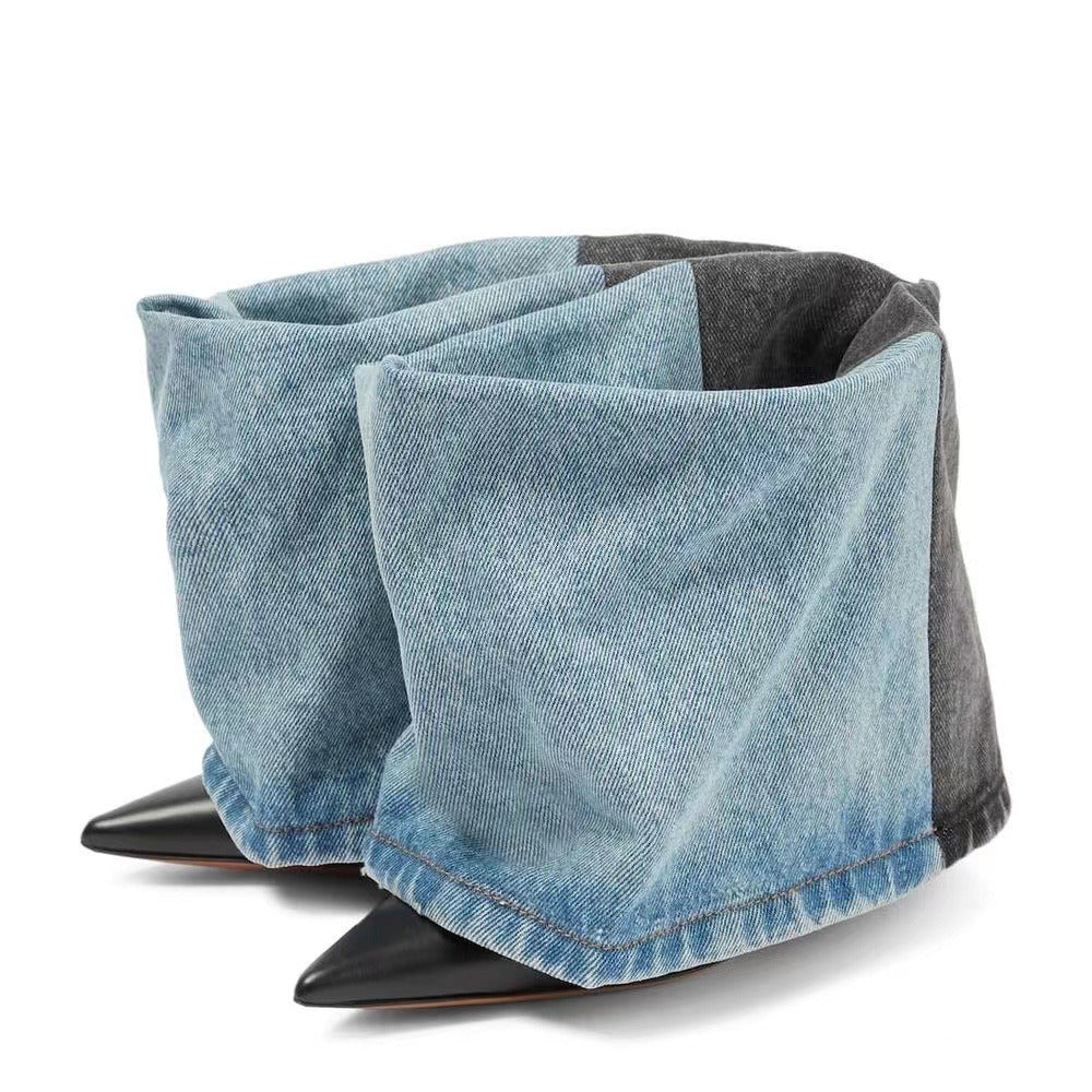 Eprolo denim color block pointed toe heeled boots showcasing stylish design and contrasting fabric panels with stiletto heels.