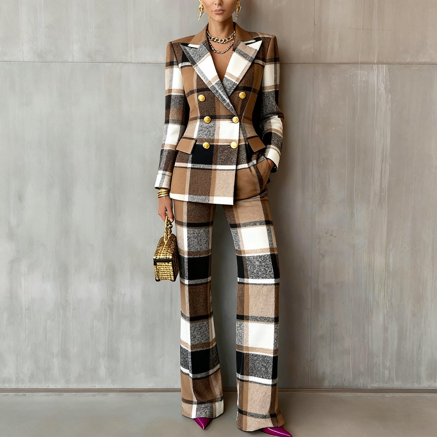Eprolo City Chic checkered long-sleeve slim fit top, stylish women's blouse with a modern checkered pattern.