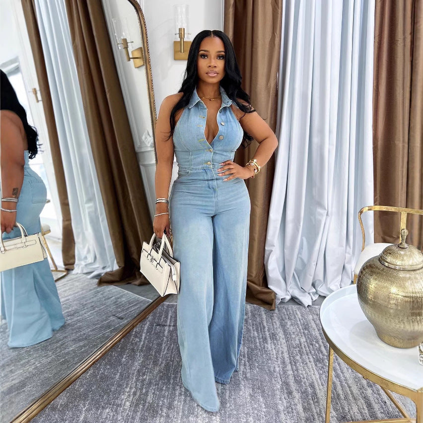 Women's Strapless Backless Washed Denim Jumpsuit