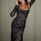Elegant Long-Sleeve Backless Lace Mermaid Maxi Dress