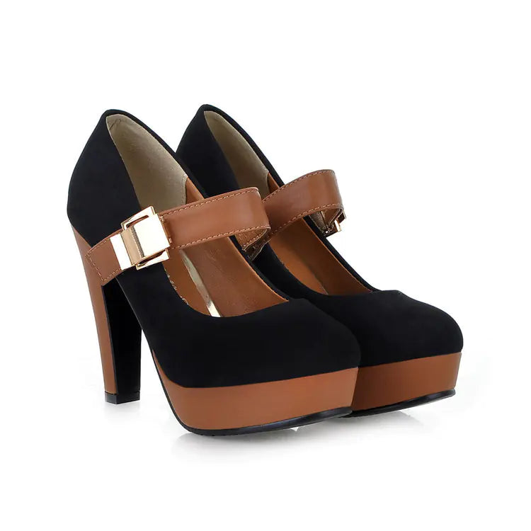 Women’s waterproof platform high heels by Trendy Attic Store01, showcasing shiny black finish and chunky heel design.
