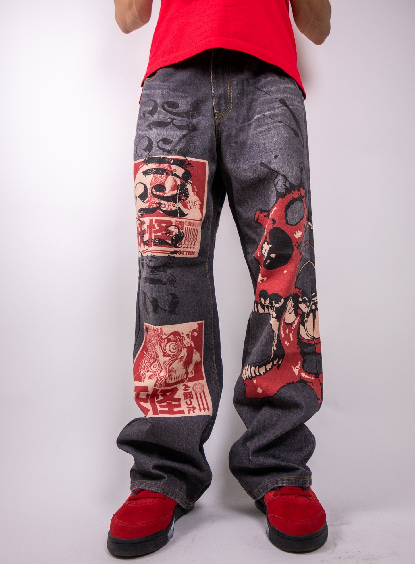 Graphic printed baggy jeans from Plush Fashion Hub featuring relaxed fit and bold graphic designs, shown in the image.
