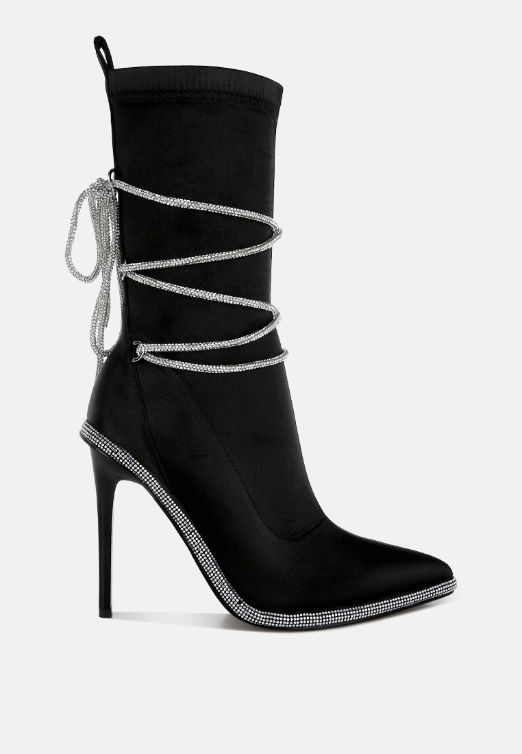 Black satin calf boots with rhinestone strap detail from London Rag, featuring a stylish boot design with decorative rhinestones.