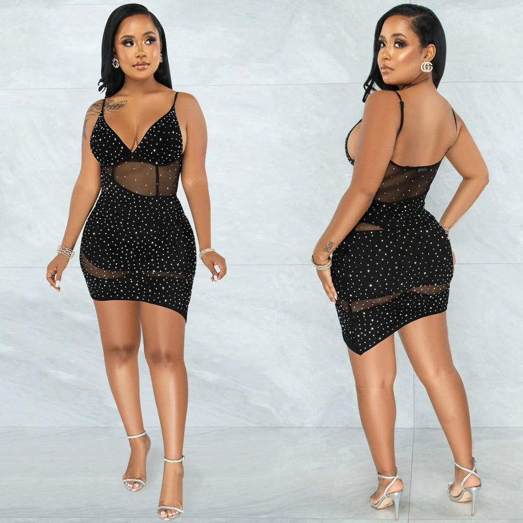 Women’s hot diamond irregular sling dress for nightclub wear, trendy evening dress with shimmering details and stylish fit.