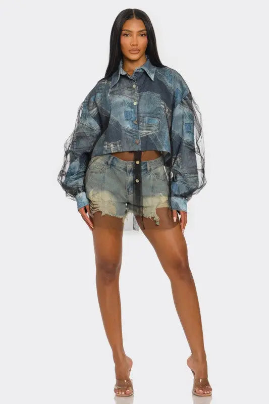 Denim Mesh Illusion Oversized Shirt OyeraCharisma