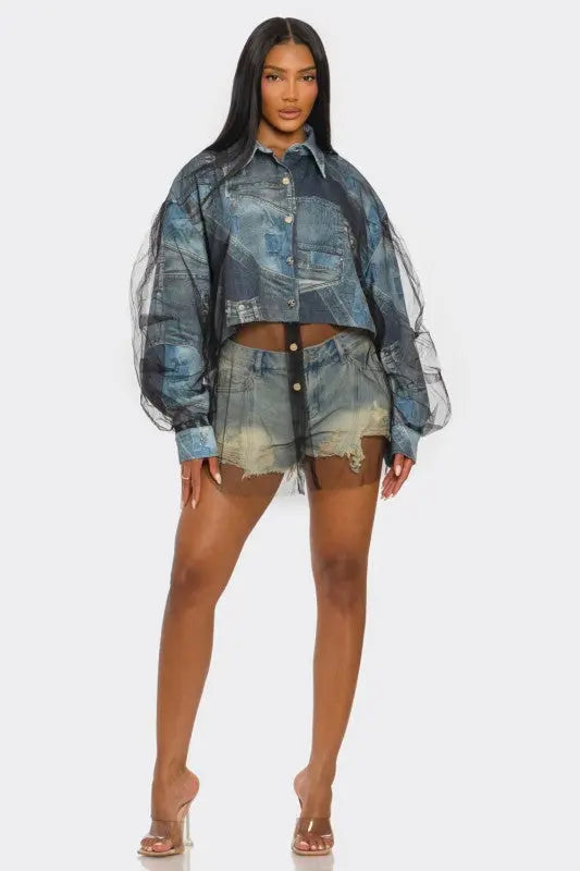 Denim Mesh Illusion Oversized Shirt OyeraCharisma