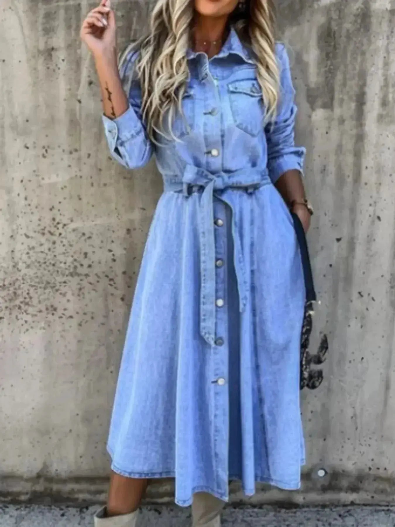 Women's denim shirt dress with button front and tie waist from Plush Fashion Hub, showcasing a casual yet chic denim dress.