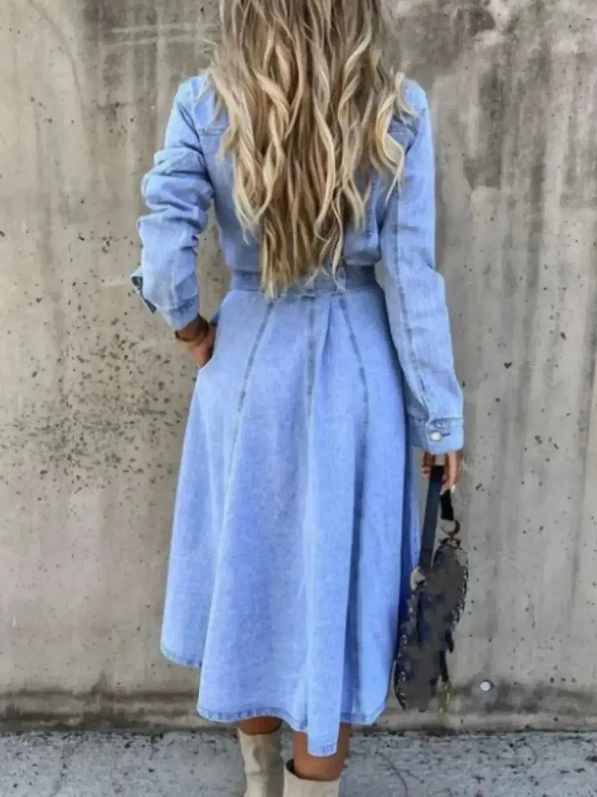 Women's denim shirt dress with button front and tie waist from Plush Fashion Hub, styled with a casual, chic look.
