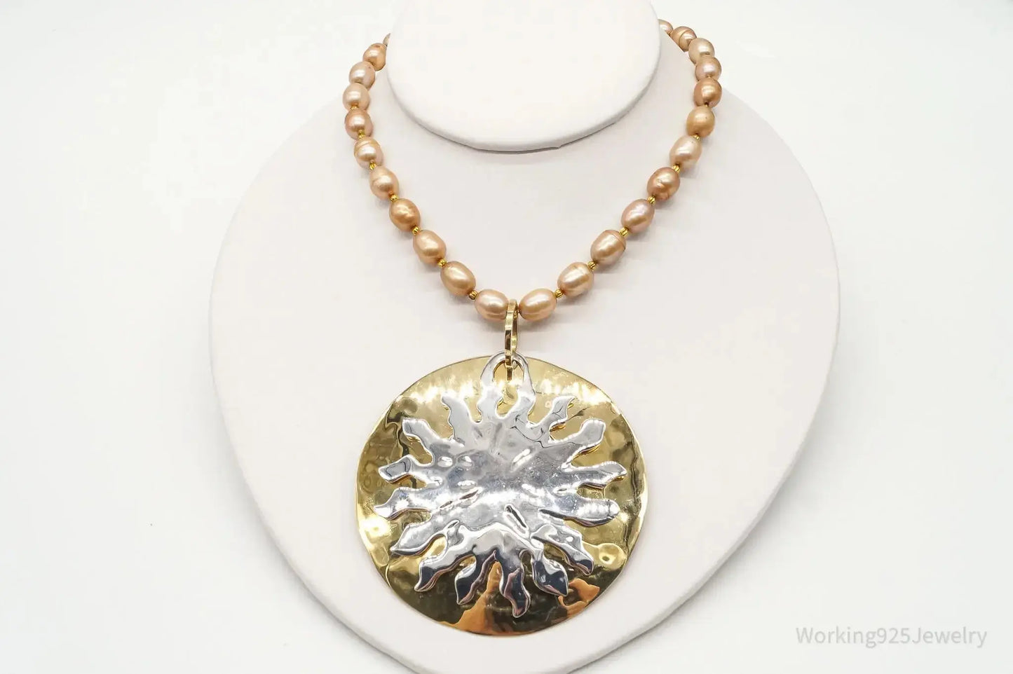Designer RLM Studio Hammered Sun Pearl Bead Brass Sterling Silver Necklace - Plush Fashion Hub