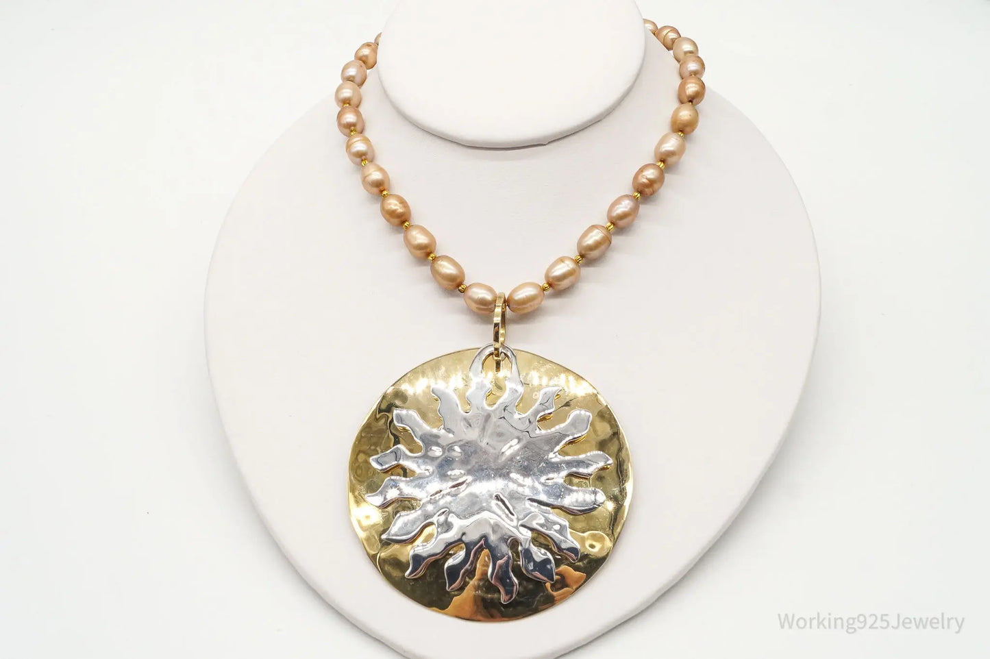 Designer RLM Studio Hammered Sun Pearl Bead Brass Sterling Silver Necklace Plush Fashion Hub