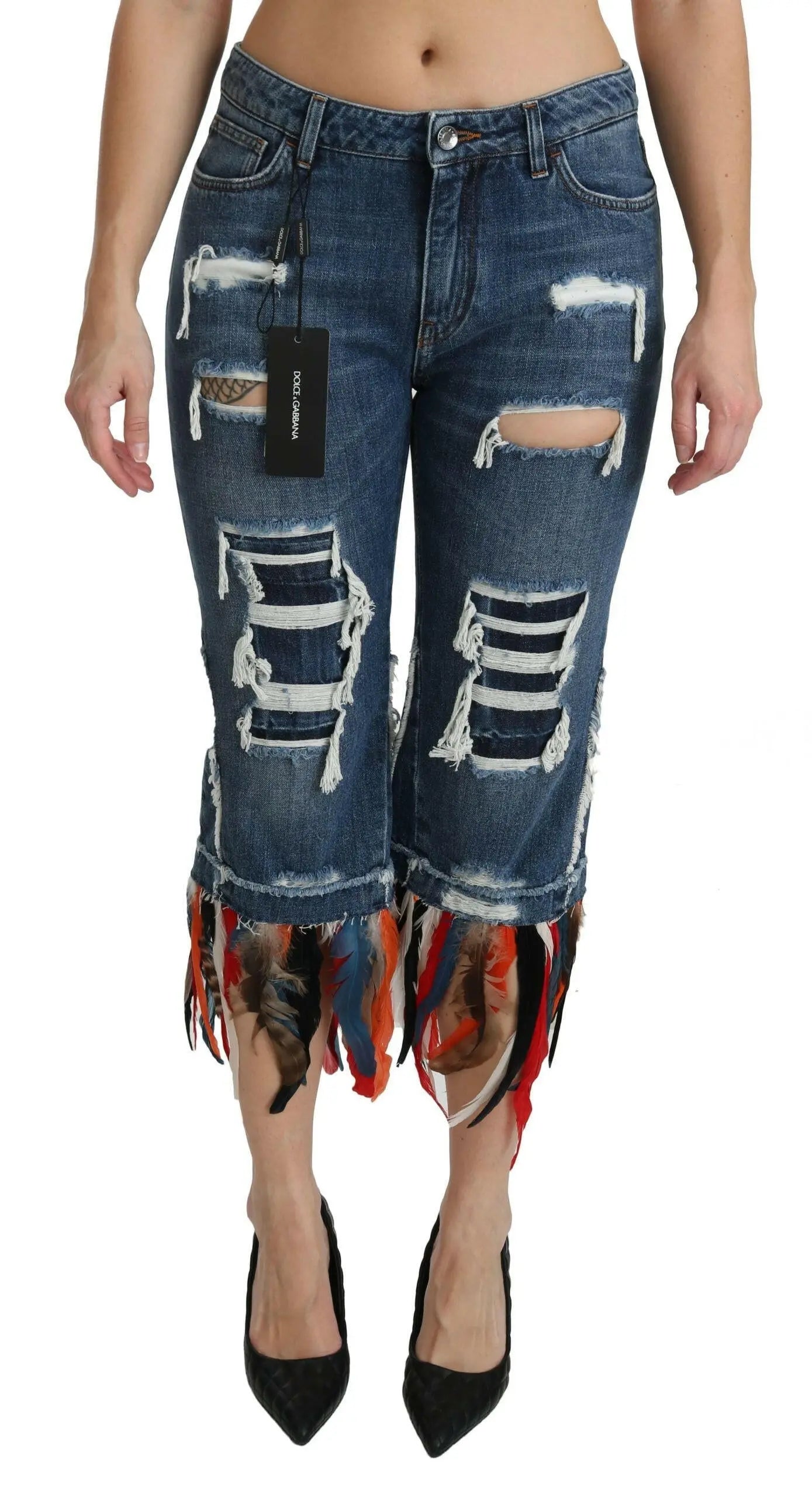 Dolce & Gabbana Blue Feathers Low Waist Cropped Cotton Jeans MaraFormigone