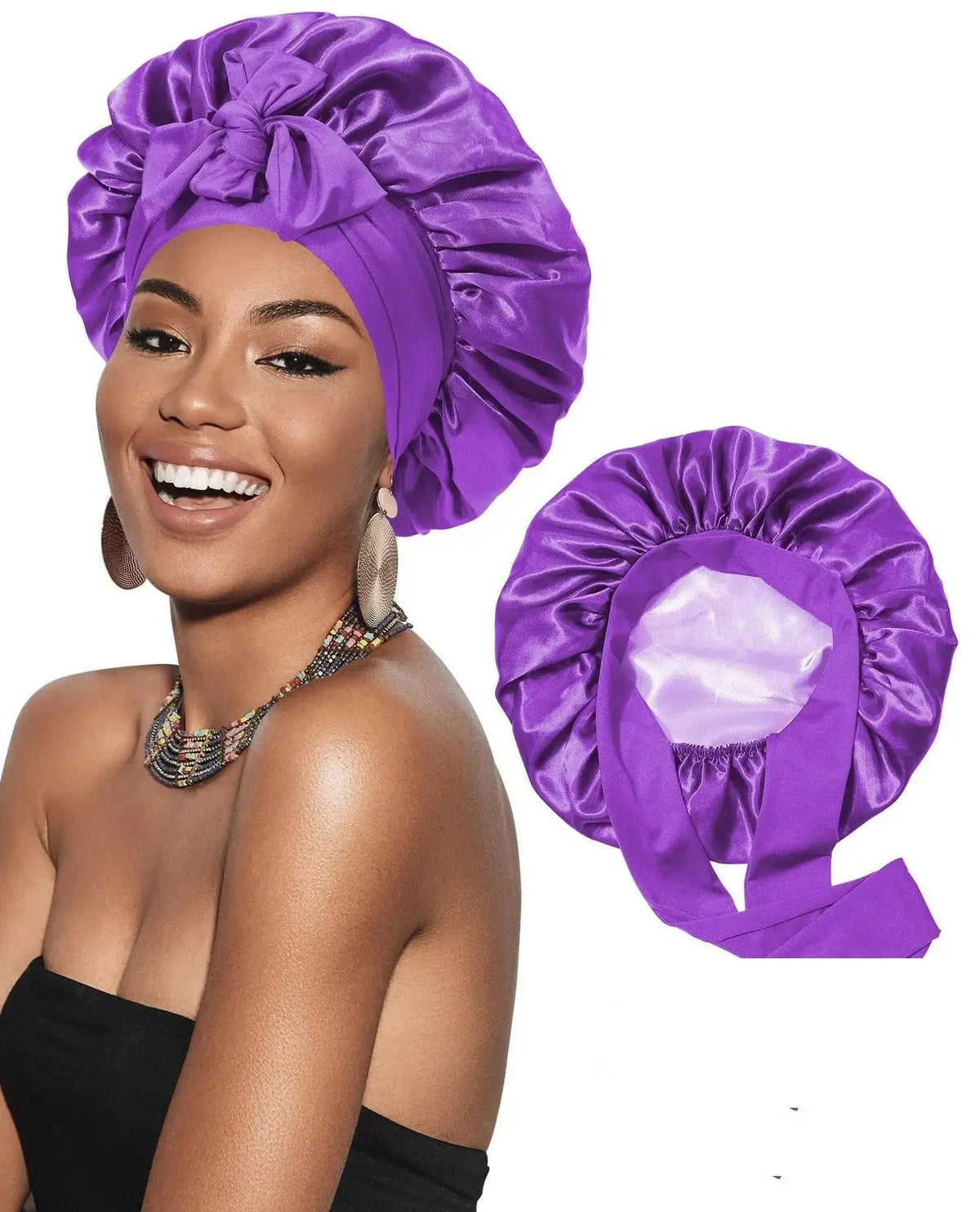 Double-layer satin ribbon hair bonnet by Plush Fashion Hub, designed for sleep protection and gentle hair care.