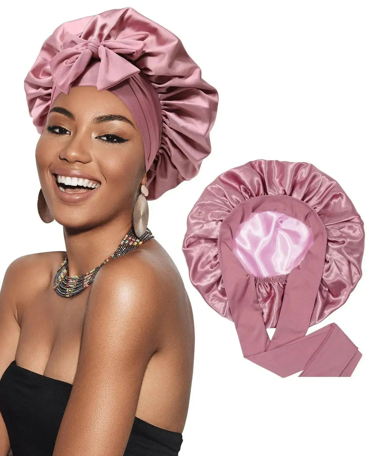 Double-layer satin ribbon hair bonnet by Plush Fashion Hub, designed for sleep protection and gentle hair care.