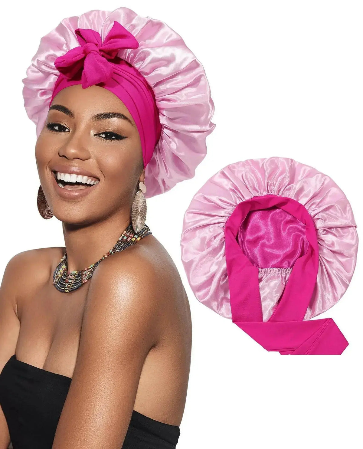 Double-layer satin ribbon hair bonnet by Plush Fashion Hub, soft sleep protection cap with a decorative bow for hair care.