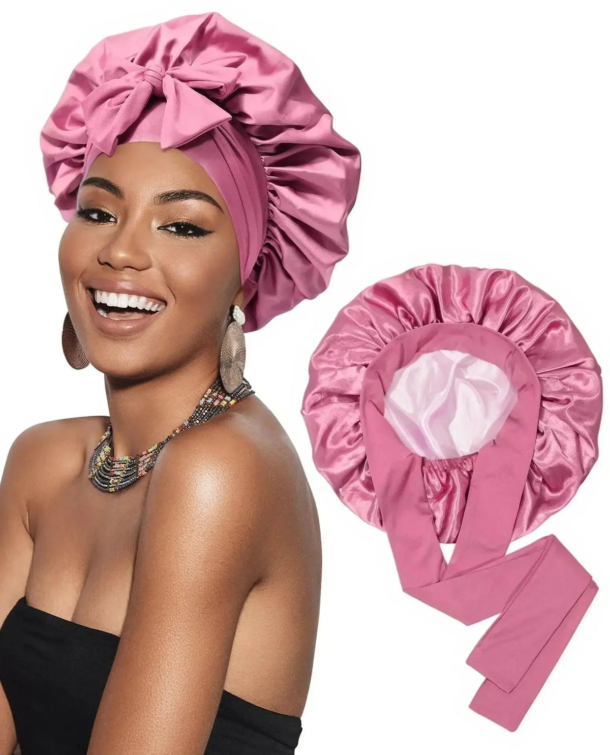 Double-layer satin ribbon hair bonnet by Plush Fashion Hub, designed for sleep protection and gentle hair care.