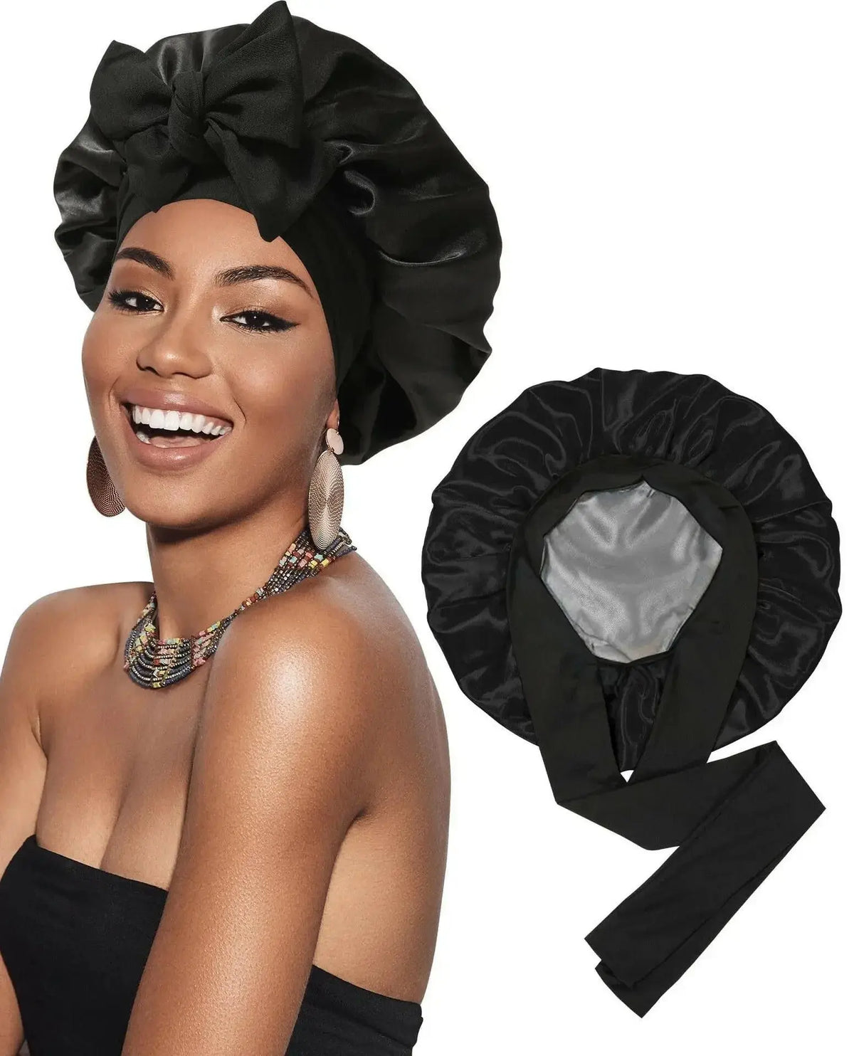 Double-layer satin ribbon hair bonnet for sleep protection, plush fabric, round design, ideal for gentle hair care and protection.