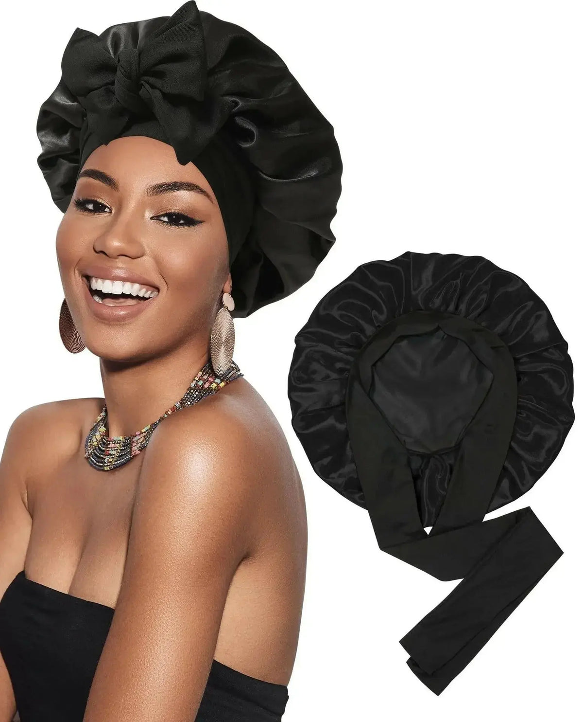 Double-layer satin ribbon hair bonnet by Plush Fashion Hub, designed for sleep protection and gentle hair care.