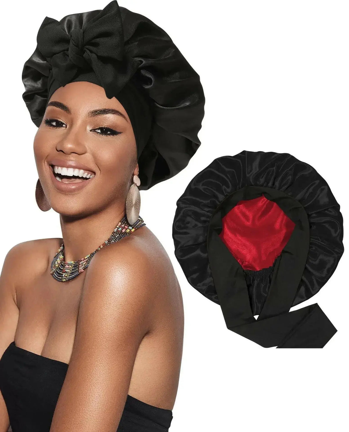 Double-layer satin ribbon hair bonnet by Plush Fashion Hub, designed for sleep protection and gentle hair care.