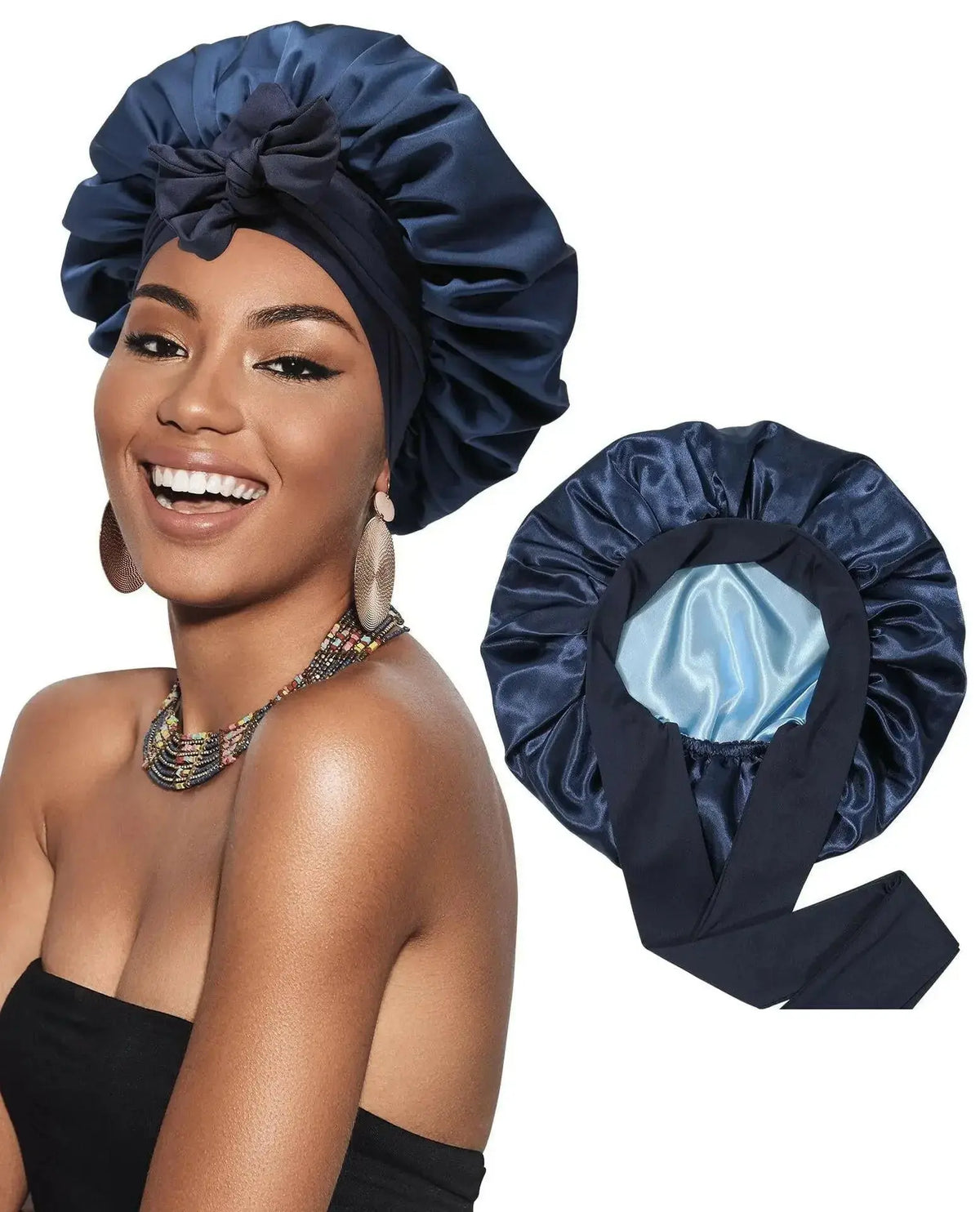 Double-layer satin ribbon hair bonnet from Plush Fashion Hub, designed for sleep protection and gentle hair care.