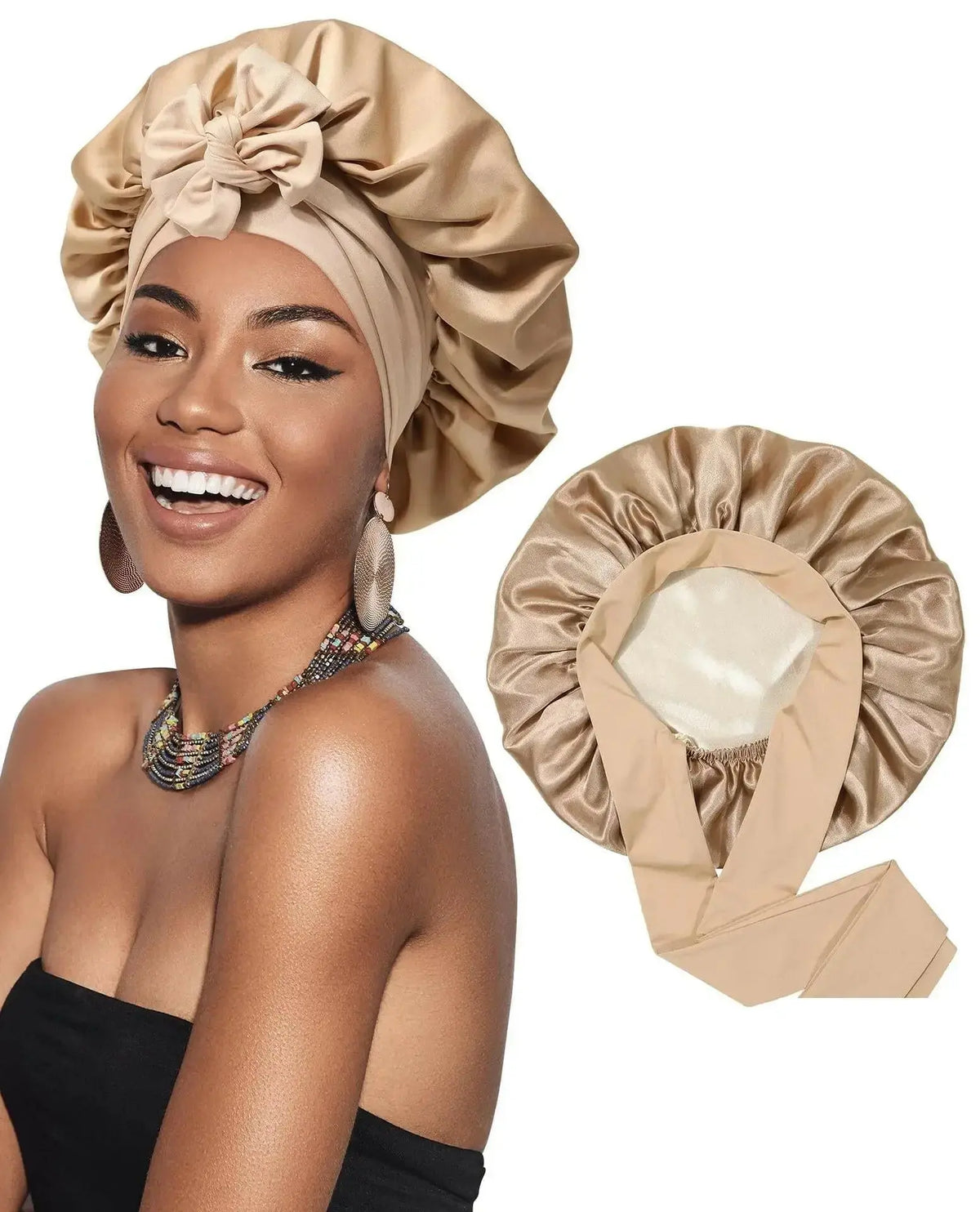 Double-layer satin ribbon hair bonnet for sleep protection, plush fashion brand, round design with bow and soft satin fabric.