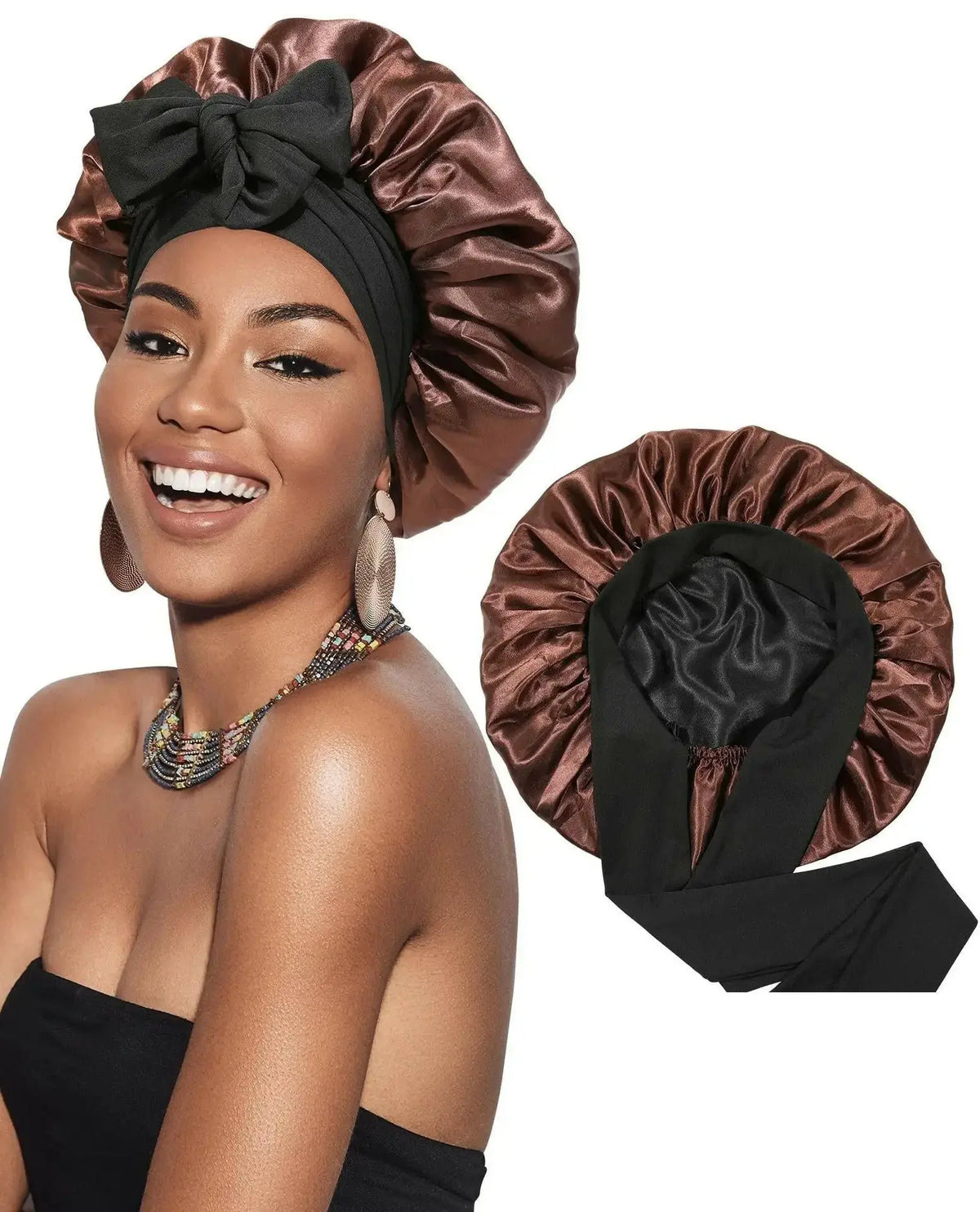 Plush Fashion Hub double-layer satin ribbon hair bonnet with bow, designed for sleep protection and hair care.