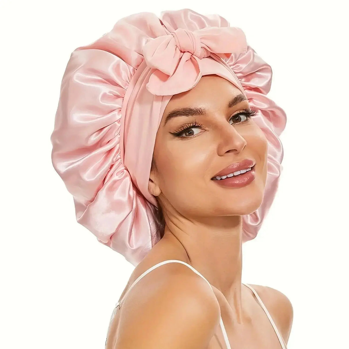 Double-layer satin ribbon hair bonnet from Plush Fashion Hub with a bow, designed for sleep protection and hair care.