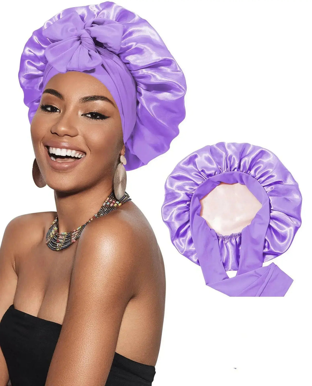 Double-layer satin ribbon hair bonnet by Plush Fashion Hub, designed for sleep protection and gentle hair care.