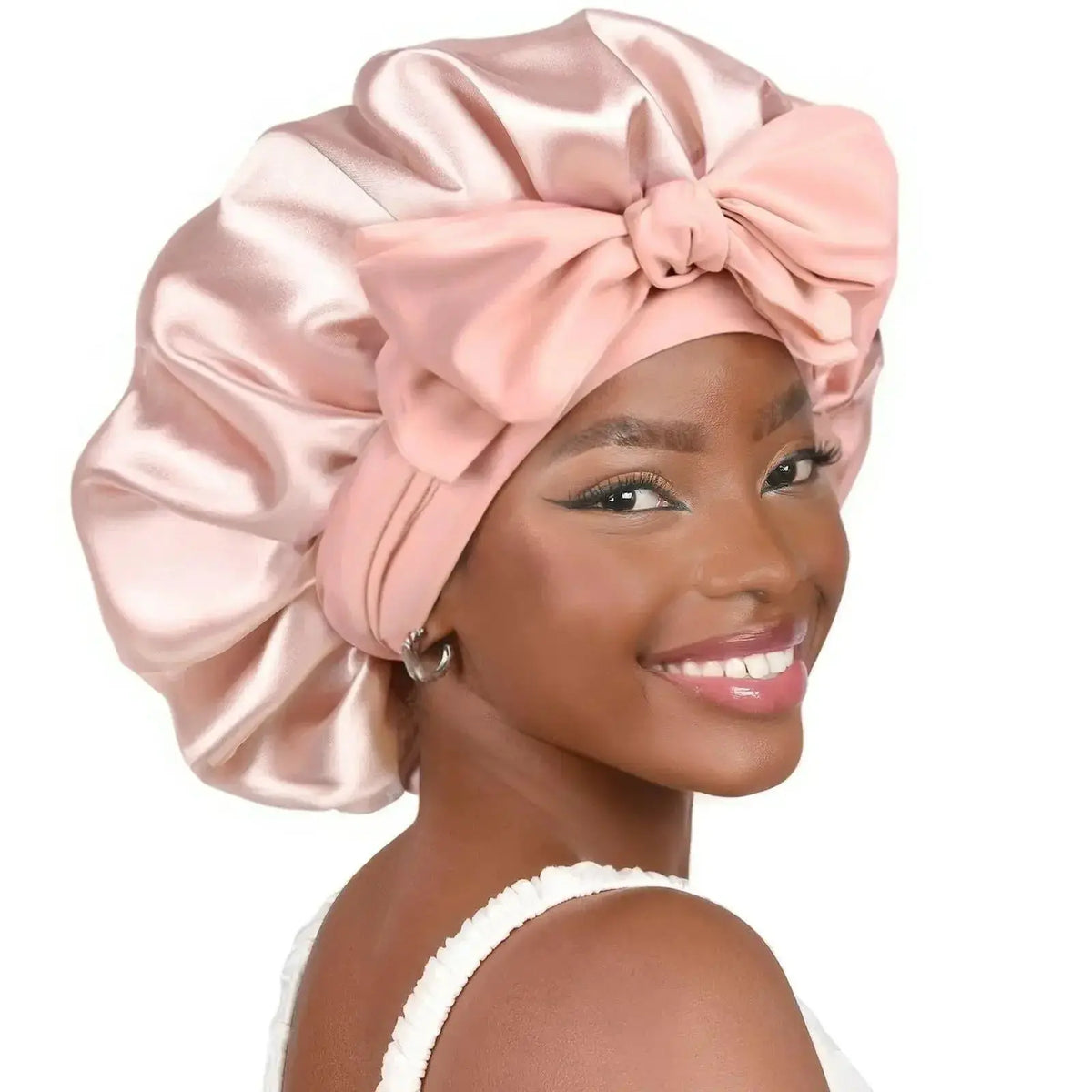 Double-layer satin ribbon hair bonnet by Plush Fashion Hub, designed for sleep protection and gentle hair care.