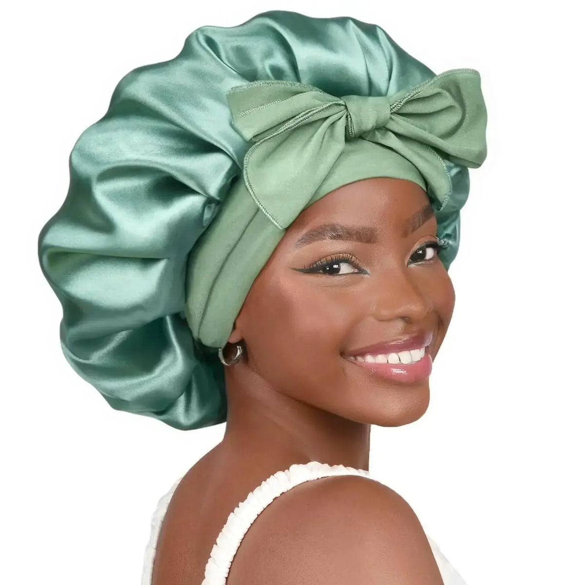 Double-layer satin ribbon hair bonnet by Plush Fashion Hub, designed for sleep protection and gentle hair care.