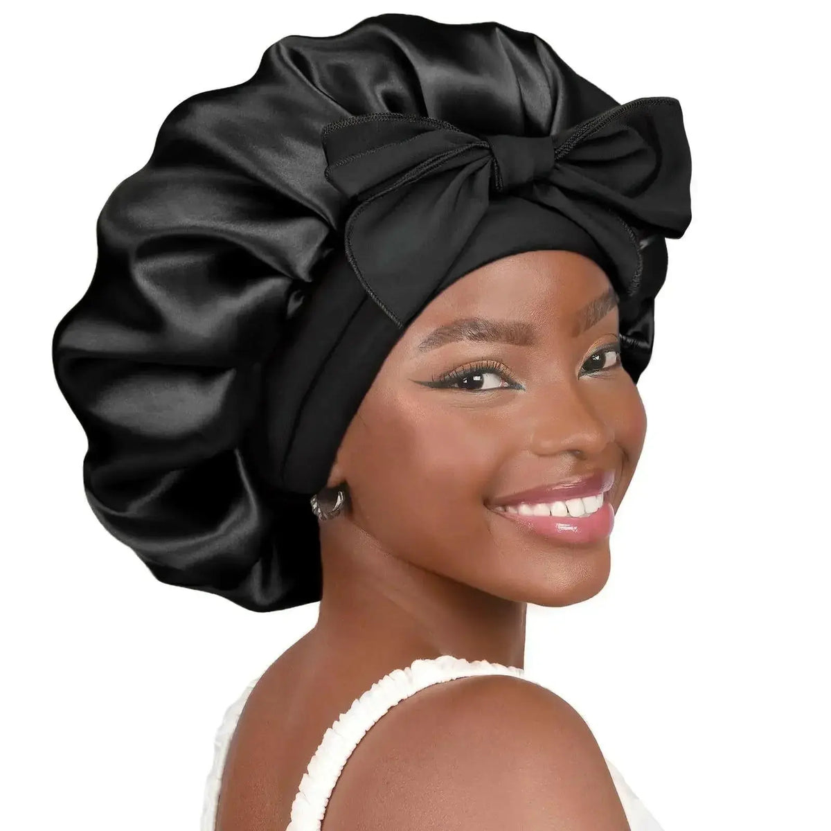 Double-layer satin ribbon hair bonnet from Plush Fashion Hub, designed for sleep protection and gentle hair care.