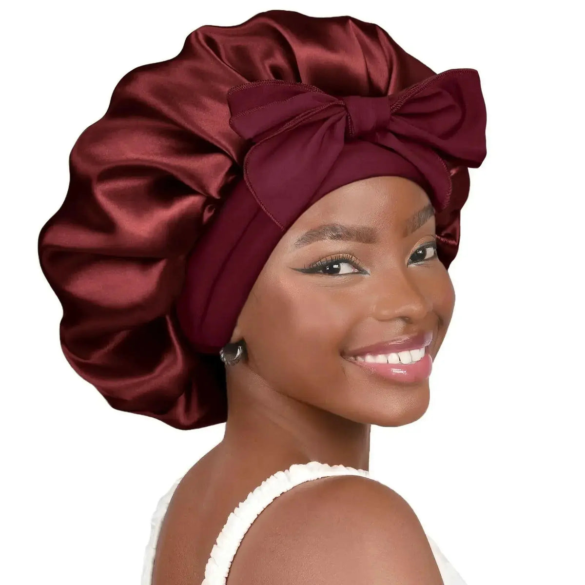 Double-layer satin ribbon hair bonnet by Plush Fashion Hub, designed for sleep protection and gentle hair care.