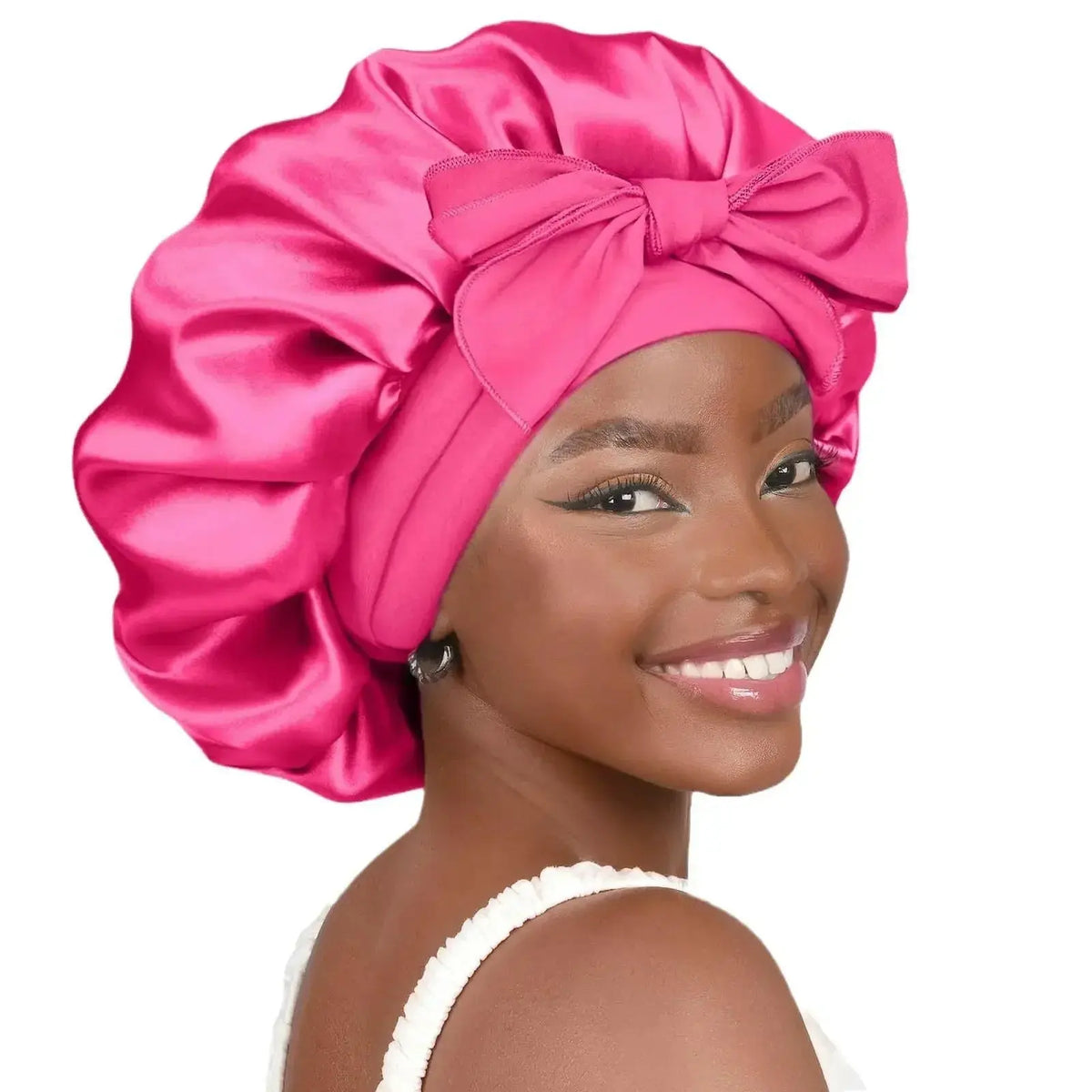 Double-layer satin ribbon hair bonnet by Plush Fashion Hub, designed for sleep protection and gentle hair care.
