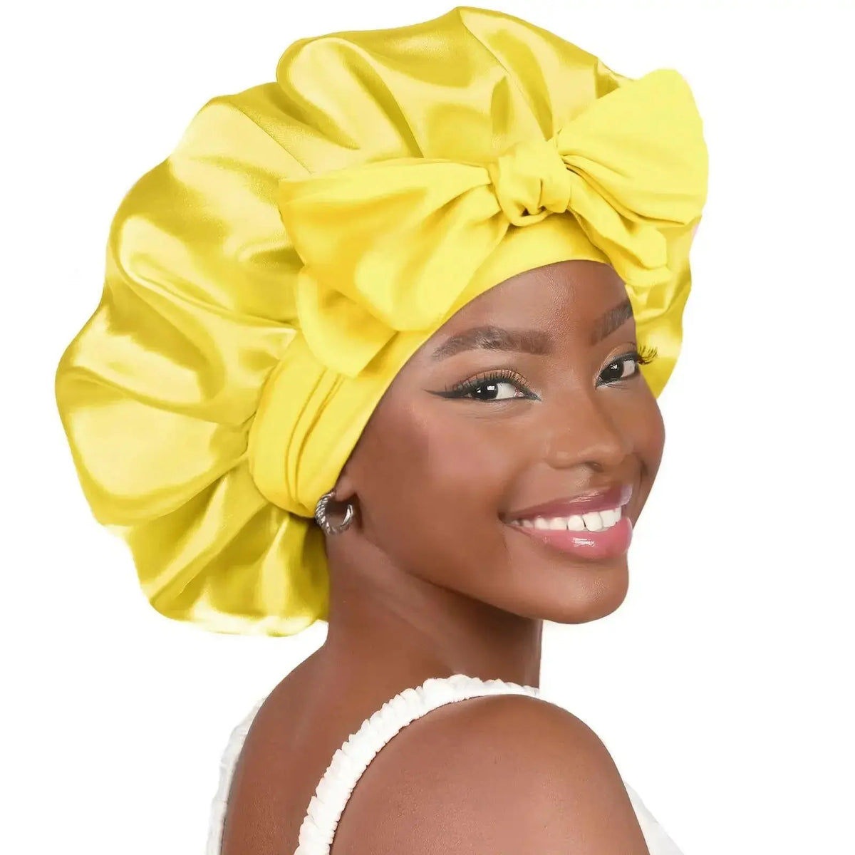 Double-layer satin ribbon hair bonnet by Plush Fashion Hub, designed for sleep protection and gentle hair care.